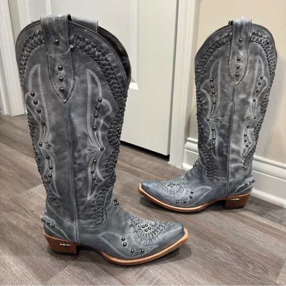 Lane Shoes - Lane Cosette Braided Stud Western Cowboy Leather Boots in Washed Denim